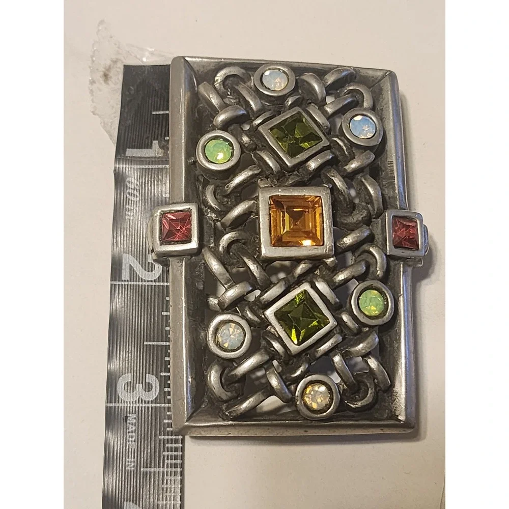 Vintage Silver Tone Multi Color Crystal Interwoven Belt Buckle Metalwork